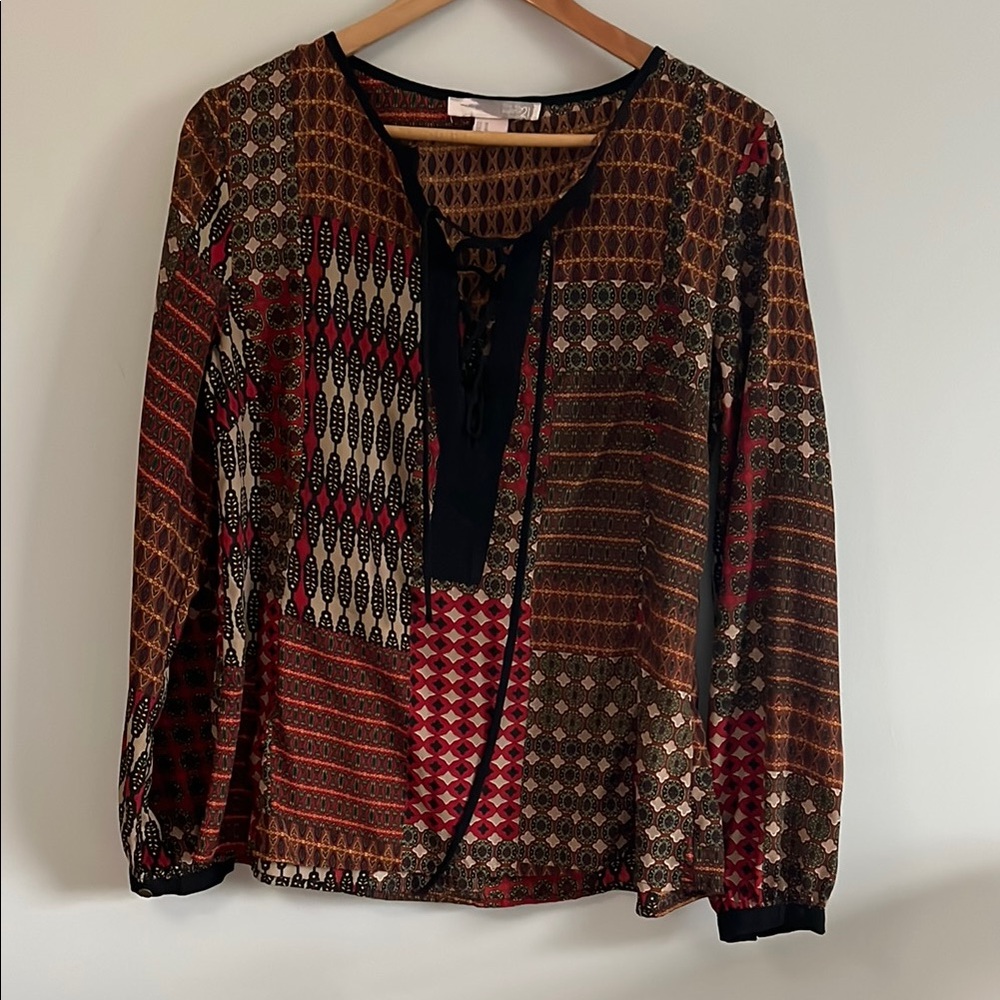 Forever 21 Red and Brown Tie Front Blouse